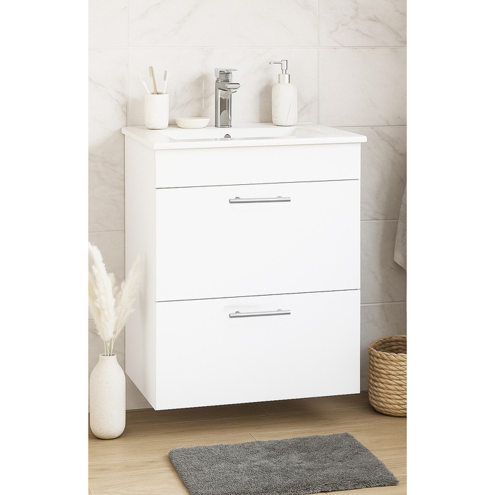 Set mobilier baza si lavoar Badenmob seria 067, cu sertare soft close, 50x46x52cm, Alb