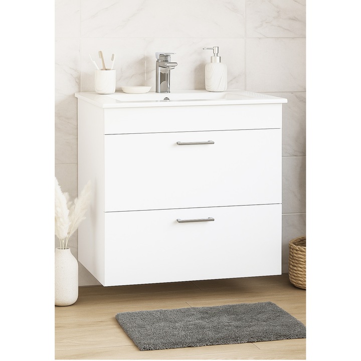 Set mobilier baza si lavoar Badenmob seria 067, suspendat, cu sertare, 70x46x52cm, Alb