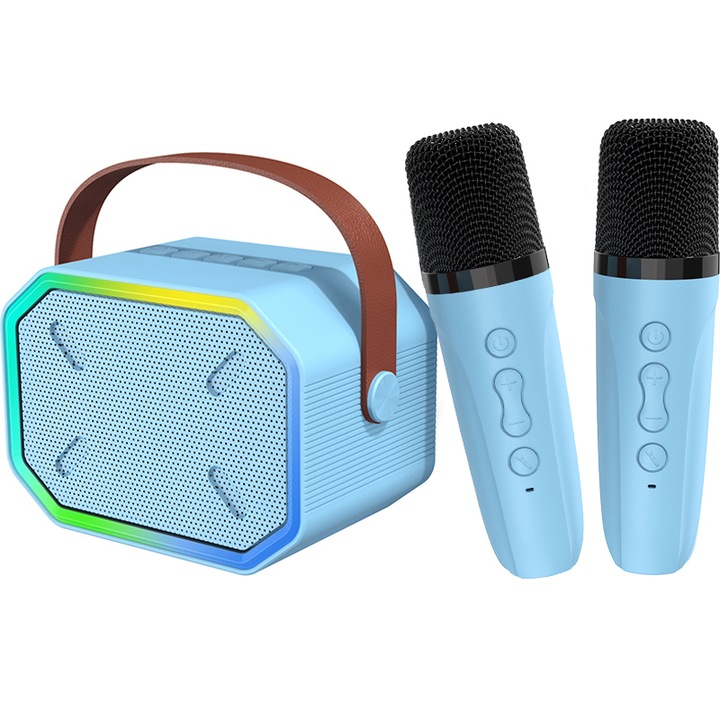 Microfon karaoke copii si adulti cu difuzor portabil cu lumini LED, Wireless, 4 efecte voce, 2 microfoane incluse, Player MP3, MicroSD card, Bluetooth 5.3, albastru deschis