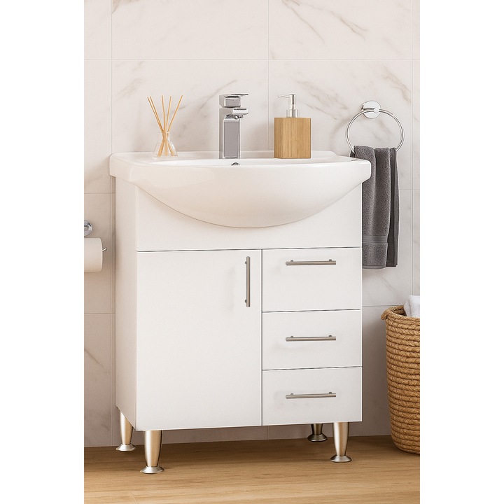 Set mobilier baza si lavoar Badenmob seria 005, cu sertare, 65x42x81cm, Alb