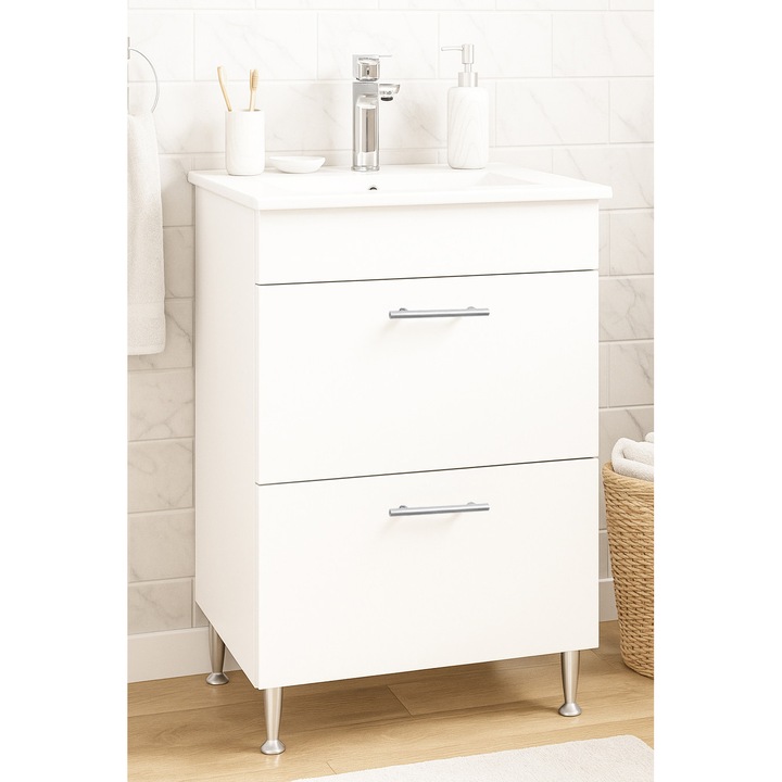 Set mobilier baza si lavoar Badenmob seria 067, cu sertare, 50x46x80cm, Alb