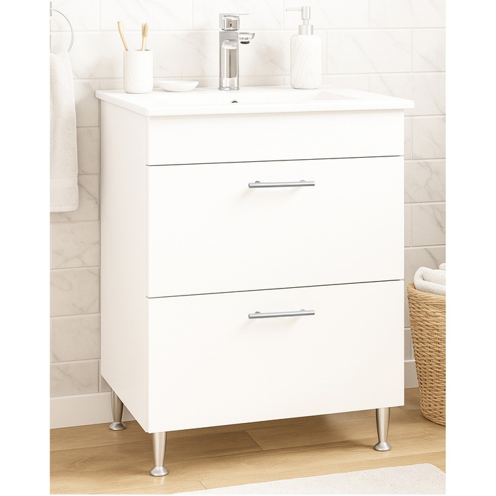 Set mobilier baza si lavoar Badenmob seria 067, cu sertare, 60x46x80cm, Alb