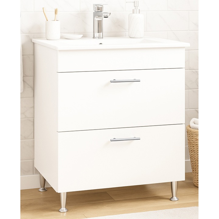 Set mobilier baza si lavoar Badenmob seria 067, cu sertare, 70x46x80cm, Alb