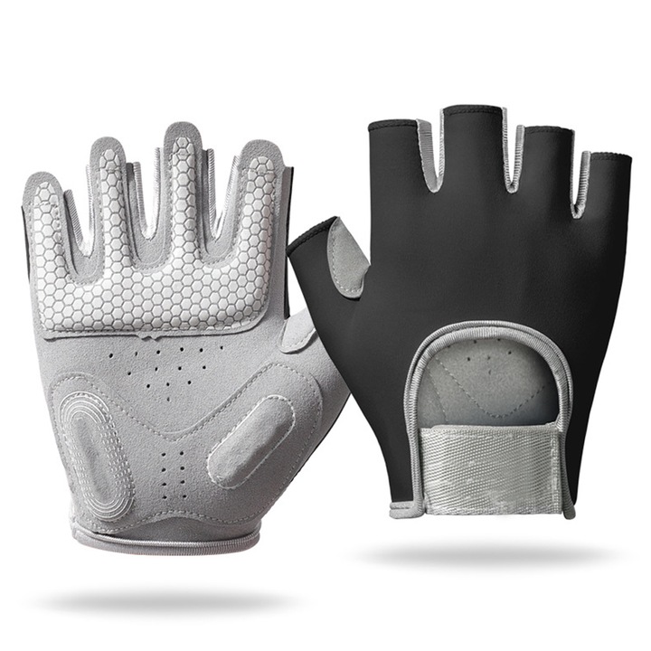 Дамски спортни ръкавици, QttvbTna, противоплъзгащи, без пръсти, дишащи, черни/сиви, M