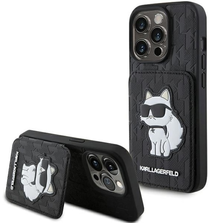 IPhone 15 Pro Max tok – Karl Lagerfeld Saffiano kártyafoglalatok és állvány (KLHCP15XSAKCNSCK) – Monogram Choupette