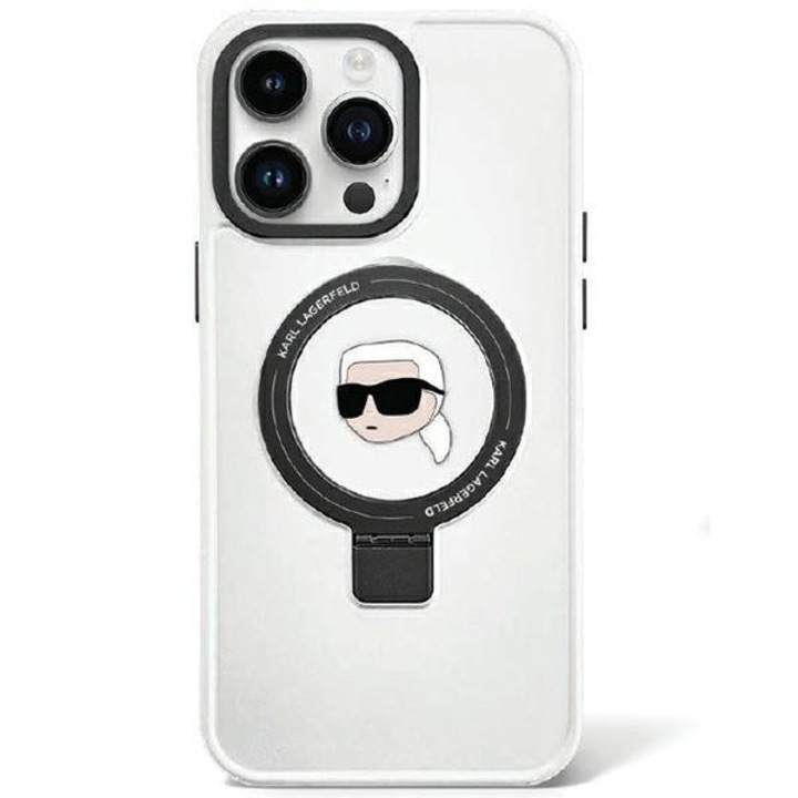 Tok iPhone 15 / iPhone 14 / iPhone 13 telefonokhoz - Karl Lagerfeld MagSafe keménytokos gyűrűs állvány (KLHMP15SHMRSKHH) - Fehér Karl fej