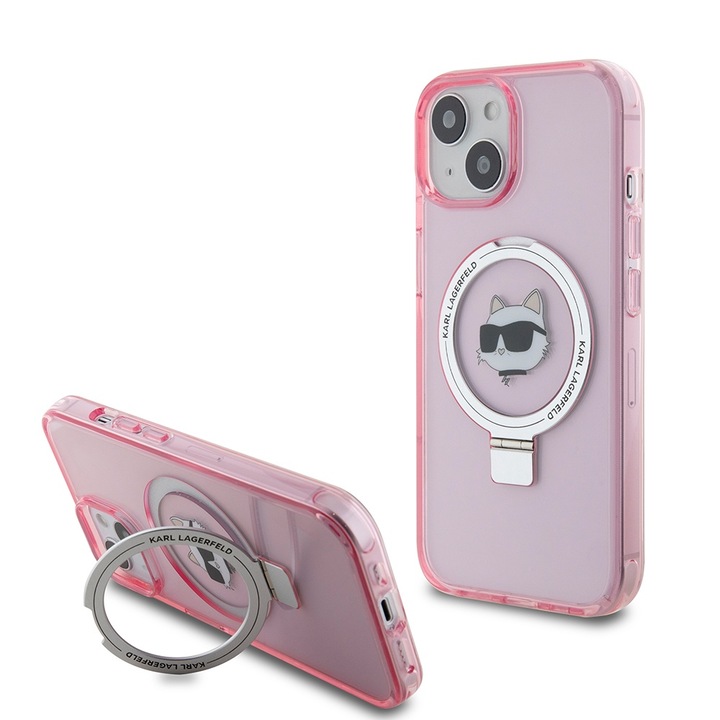 Tok iPhone 15 / iPhone 14 / iPhone 13 telefonokhoz - Karl Lagerfeld MagSafe keménytokos, gyűrűs állvány (KLHMP15SHMRSCHP) - Pink Choupette fej