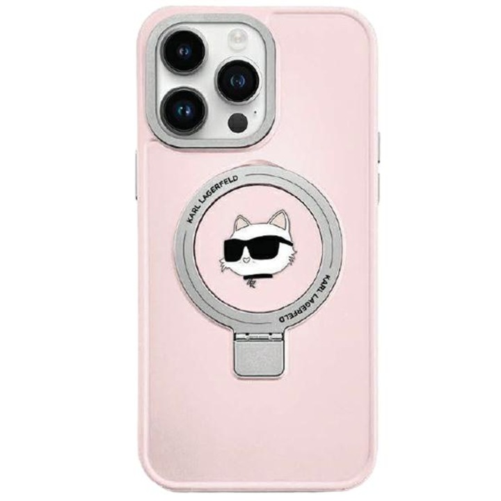 Husa pentru iPhone 15 - Karl Lagerfeld Hardcase Ring Stand MagSafe (KLHMP15SHMRSCHP) - Pink Choupette Head