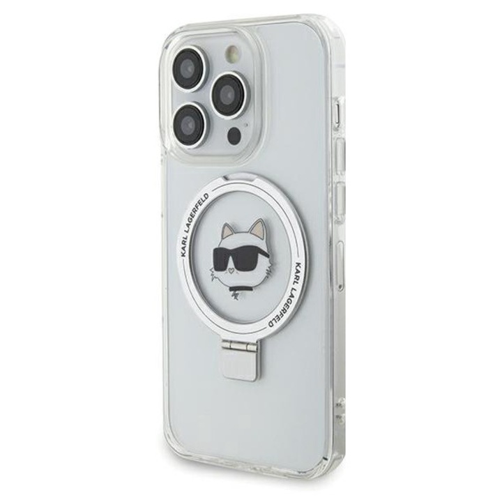 Husa pentru iPhone 15 Pro Max - Karl Lagerfeld Hardcase Ring Stand MagSafe - White Choupette Head
