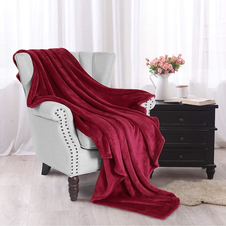 Patura Cocolino, pat dublu, 200 x 230 cm, pufoasa si moale la atingere, Print, visiniu