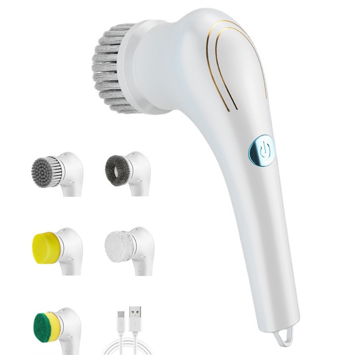 Perie electrica pentru curatat, Kravzite®, 5 Capete, USB, Impermeabil, usor de manevrat, utilizat in bucatarii, bai, pantofi, etc, Alb