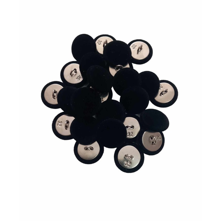 Set 25 nasturi metalici cu picior rotunzi, imbracati in catifea neagra 2 cm marimea 32