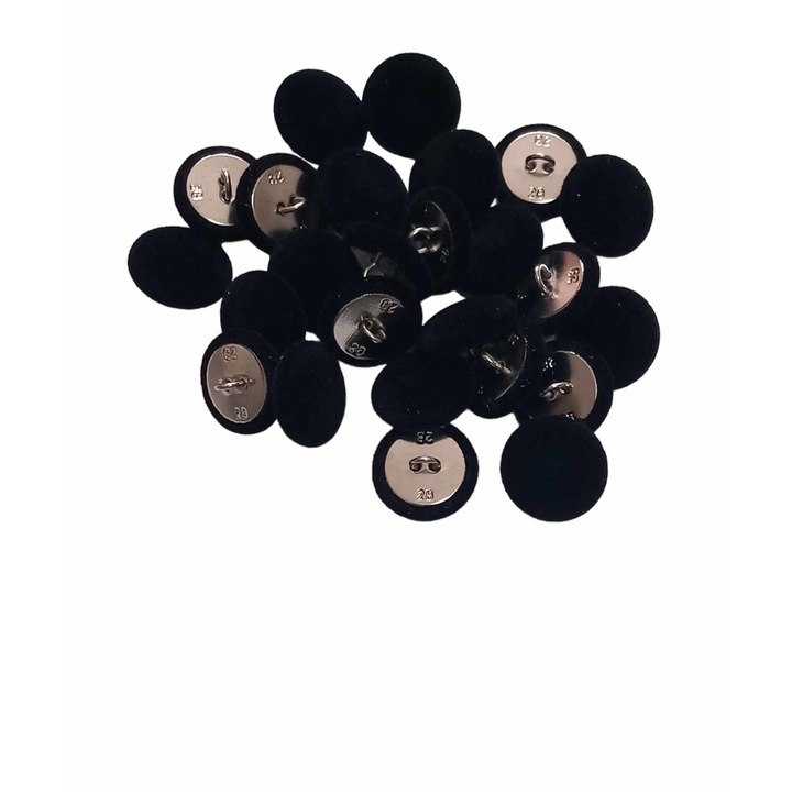 Set 25 nasturi metalici cu picior rotunzi, imbracati in catifea neagra 1.5 cm marimea 28
