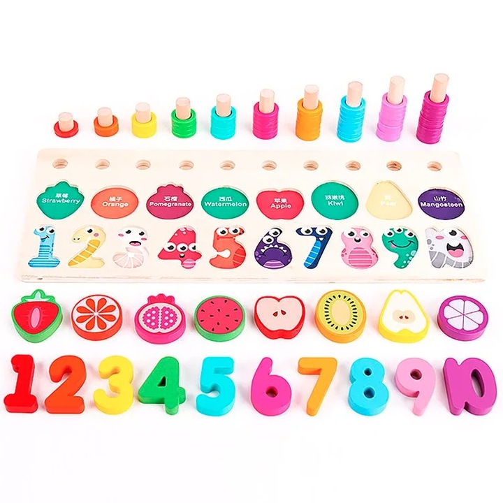 Placa logaritmica Ælements®, stil Montessori, din lemn, cu cifre, fructe si sortator pe culori, 38x15cm