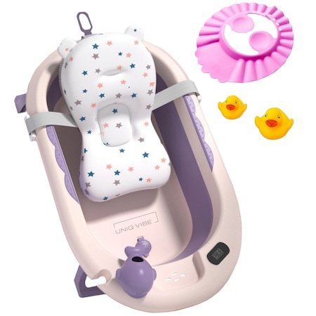 Cadita bebelusi pliabila cu pernuta UniqViBE®, termometru incorporat, cana pentru clatire tip jucarie, suport cap de dus si pentru sapun, 2 ratuste si casca protectie incluse, picioare antiderapante, design Ergonomic, Purple Royal