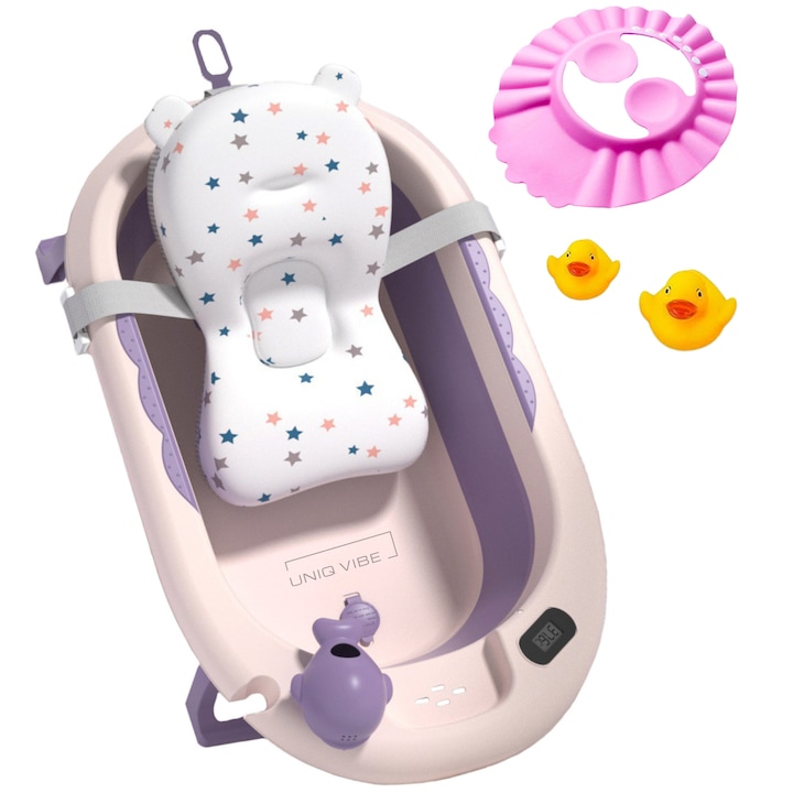 Сгъваема бебешка вана с възглавница UniqViBE, вграден термометър, чаша играчка за изплакване, душ слушалка и поставка за сапун, включени 2 патета и предпазна каска, крачета против хлъзгане, Ергономичен дизайн, Purple Royal