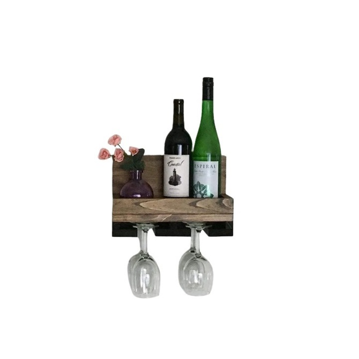 Suport sticle de vin si pahare, Baciusuci, 30x25x13 cm, nuc