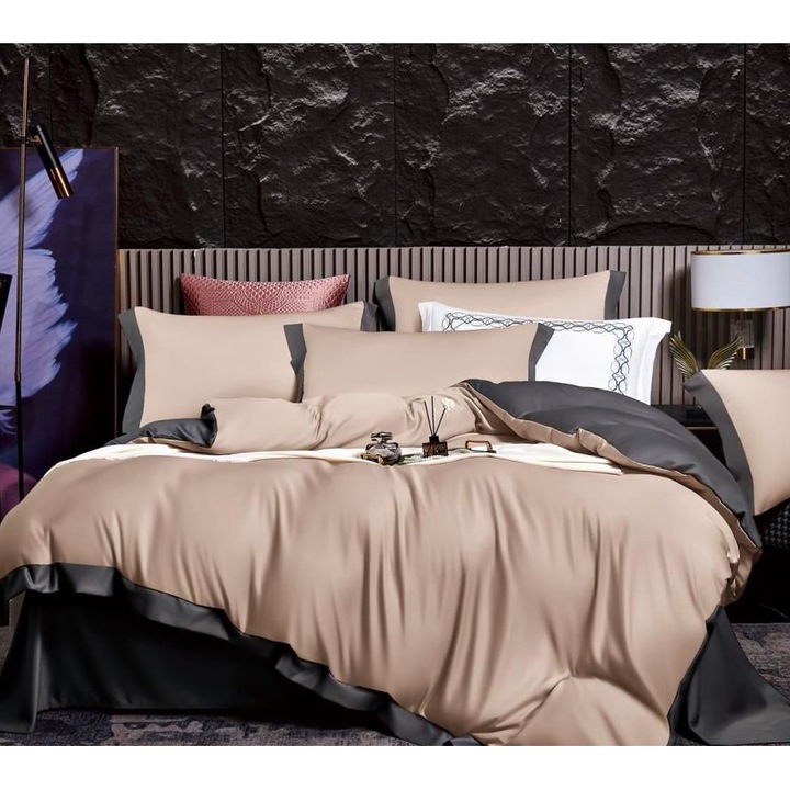 Lenjerie de pat, Bicolor, Imitatie Matase, 2 persoane, 6 piese, 230x245cm, Crem-Gri