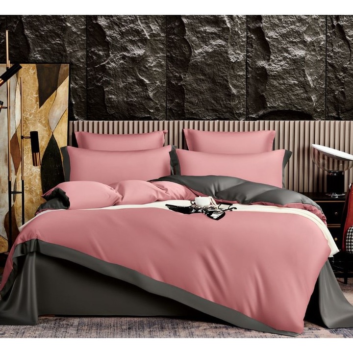 Lenjerie de pat, Bicolor, Imitatie Matase, 2 persoane, 6 piese, 230x245cm, Roz-Gri