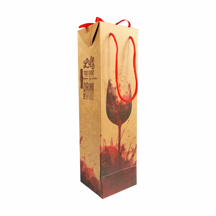 Set 10 pungi cadou kraft natur tip boxbag design cu pahar vin pentru 1 sticla