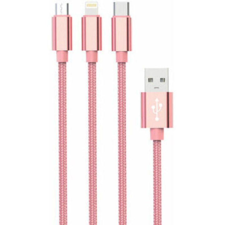 CABLU SETTY 3IN1 USB - LIGHTNING + USB-C + MICROUSB 1 M, Roz