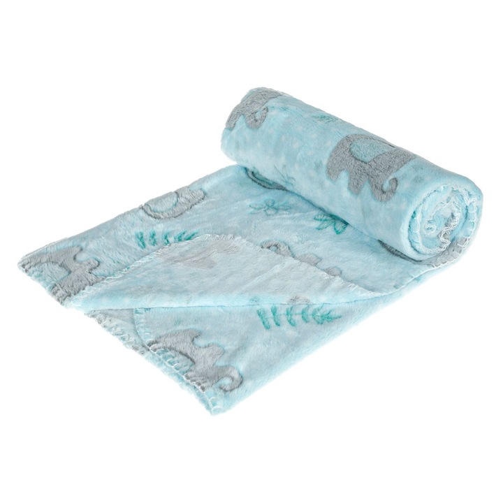 Shopiens® bársony babatakaró, égkék, elefánt mintával, 110 x 80 cm