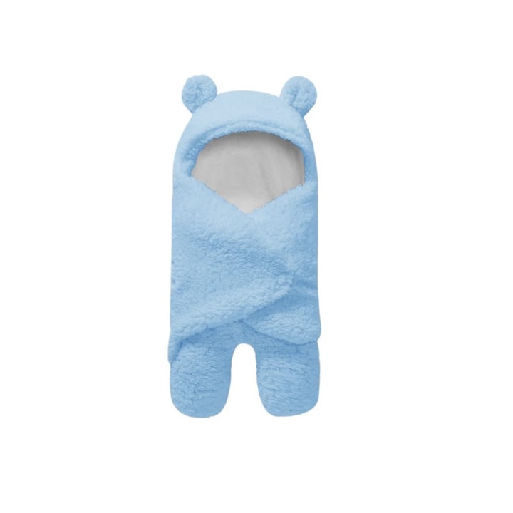 Bolyhos babatakaró 0-6 hónapos, meleg, mackó formájú babák átöltözéséhez, kék