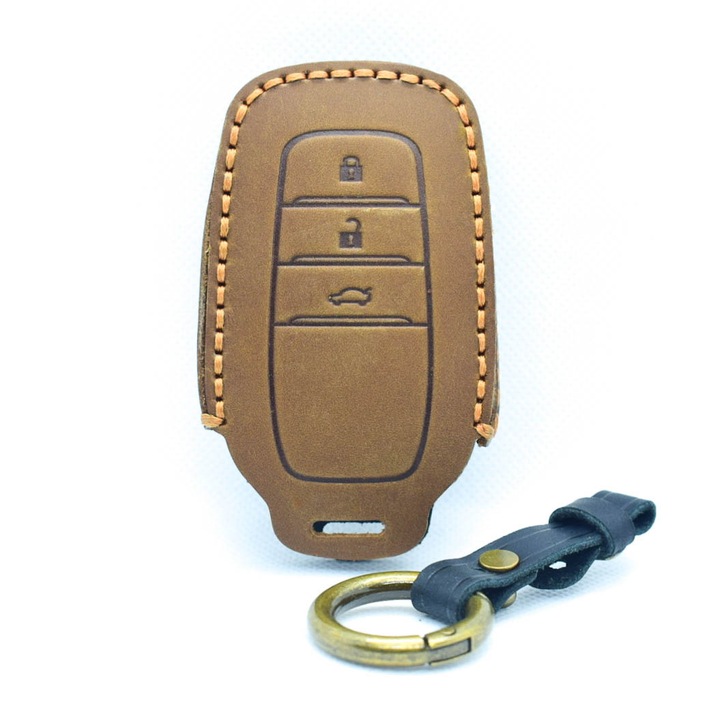 Husa cheie keyless 3 butoane AUTOTOB®, din piele, Toyota Yaris, Yaris Cross, Camry, RAV4, maro