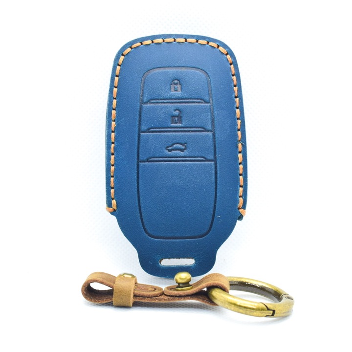 Husa cheie keyless 3 butoane AUTOTOB®, din piele, Toyota Yaris, Yaris Cross, Camry, RAV4, albastru
