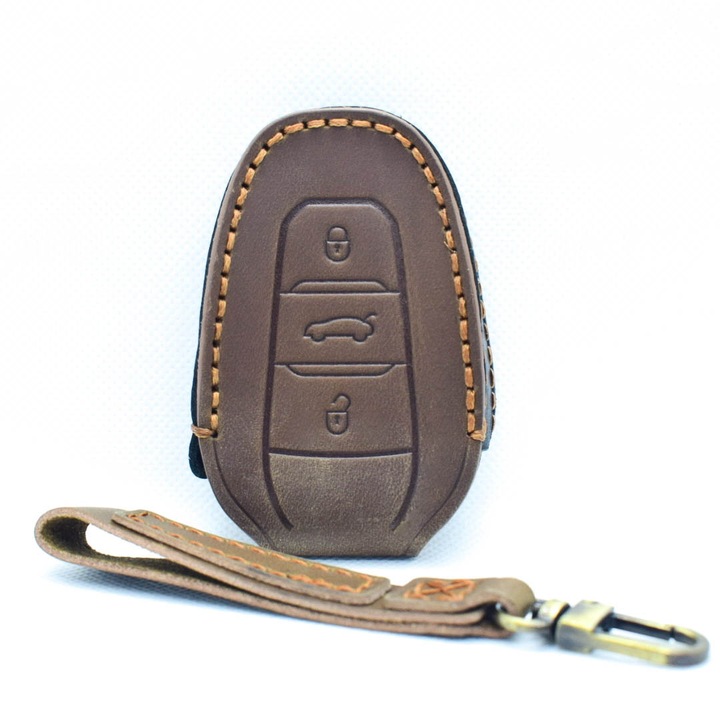 Husa cheie din piele naturala Peugeot Citroen Opel, maro