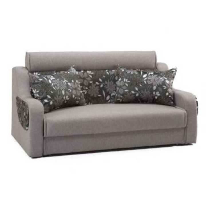 Canapea extensibila gri cu model floral Serenity, extensie tip pat matrimonial din plasa de arcuri Relaxa, cu lada depozitare, dimensiune 194x104x100 cm, doua perne decor incluse