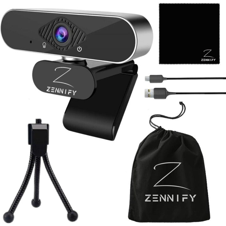 Camera Web Zennify™, Webcam Full HD, 30 fps, Plug and Play, Rezolutie 1920 x 1080, Rotatie 360 grade, Unghi 120 grade, Microfon cu Reducere Zgomot, USB 2.0, Trepied, Laveta Microfibra si Husa de Protectie incluse