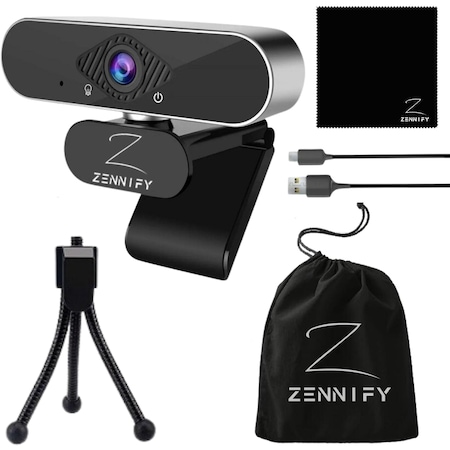 Camera Web Zennify™, Webcam Full HD, 30 fps, Plug and Play, Rezolutie 1920 x 1080, Rotatie 360 grade, Unghi 120 grade, Microfon cu Reducere Zgomot, Auto-Focus, USB 2.0, Trepied, Laveta Microfibra si Husa de Protectie incluse