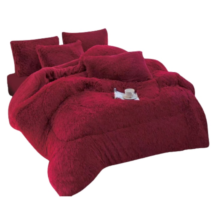 Pilota si 2 fete de perna, Fluffy, 2 persoane, 3 piese, Uni, 200x230cm, Bordo