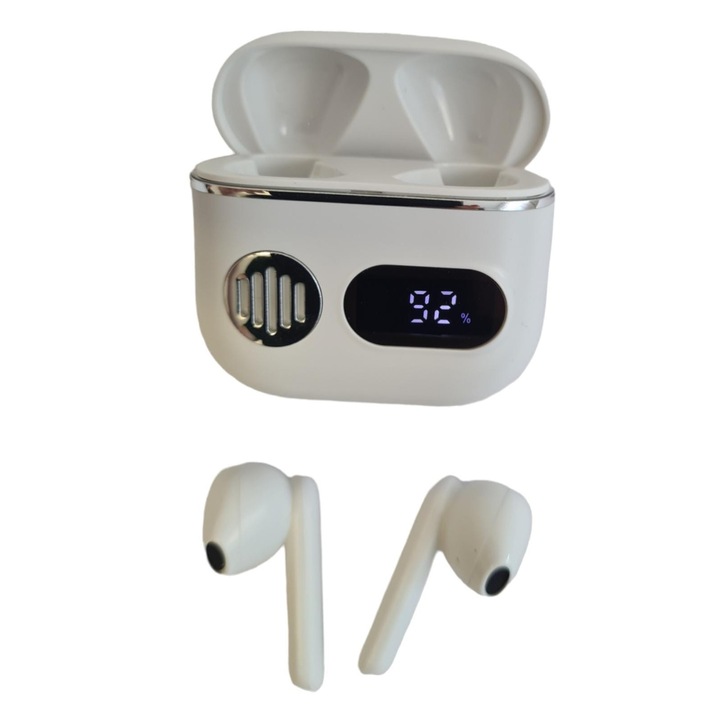 Sztereó vezeték nélküli fülhallgató, vezeték nélküli, Bluetooth 5.2, zajszűrés, érintésvezérlés, 300 mAh, LED kijelző, HD mikrofonok, univerzális, rusztikus fehér