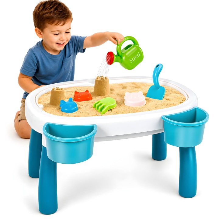 Masuta de Joaca Copii Pentru Nisip si Apa KidProtect® Sandy Beach, Functie Plaja, Interior sau Exterior, 8 Accesorii, Lopetica, Galetusa, Forme, 42 x 26 cm