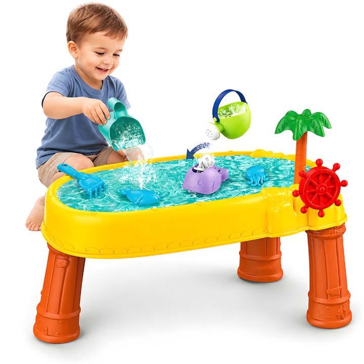 Masuta de Joaca Copii 2 in 1 Pentru Nisip si Apa KidProtect® Sandy Beach Pro, Functie Plaja, Interior sau Exterior, 11 Accesorii, Lopetica, Galetusa, Forme Diverse, 60 x 36 cm