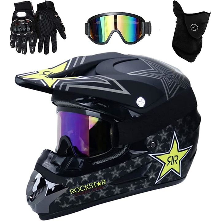 Casca de Mountain Bike cu ochelari, manusi, scut facial, negru / Rockstar, set Motocross pentru adulti, mare, L