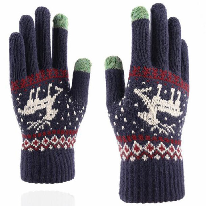 Дамски ръкавици, съвместими със сензорен екран Macomi™, шарка на елени, мека вълна на допир, топло, синьо