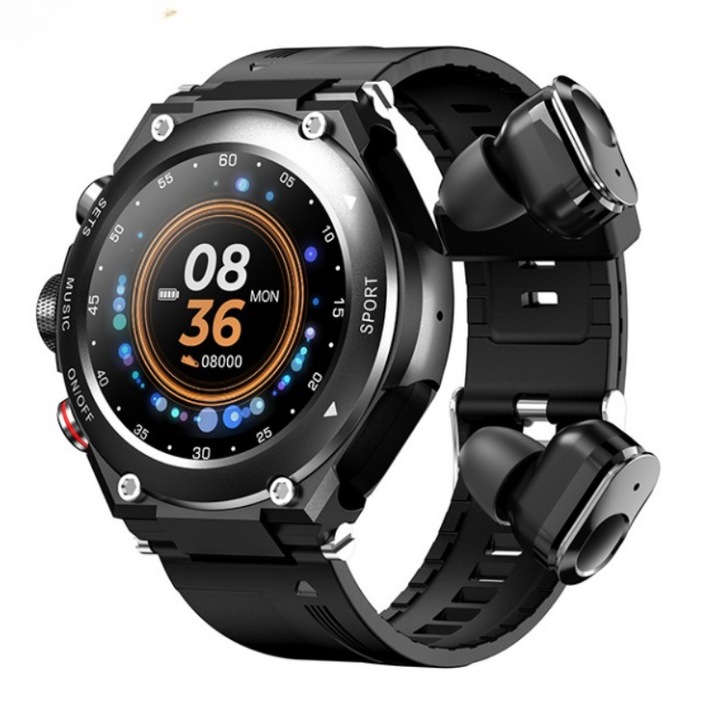 Ceas smart sport T92 cu casti Bluetooth incorporate, monitorizare a temperaturii corpului si a oxigenului din sange, redare muzica, asistenta vocala inteligenta SIRI, rezistent la apa