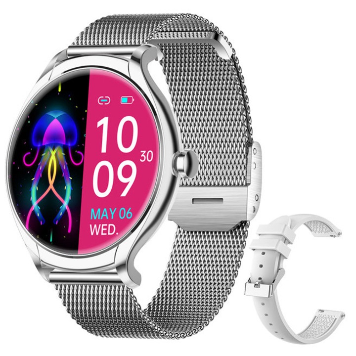 Ceas SmartWatch SOLTOY™ Kems, 1.39" FULL Touch Display, Apelare Bluetooth, Notificari Retele Sociale, Monitorizare Ritm Cardiac si Tensiune Arteriala, Oximetru SpO2, Curea Metalica si de silicon Argintie