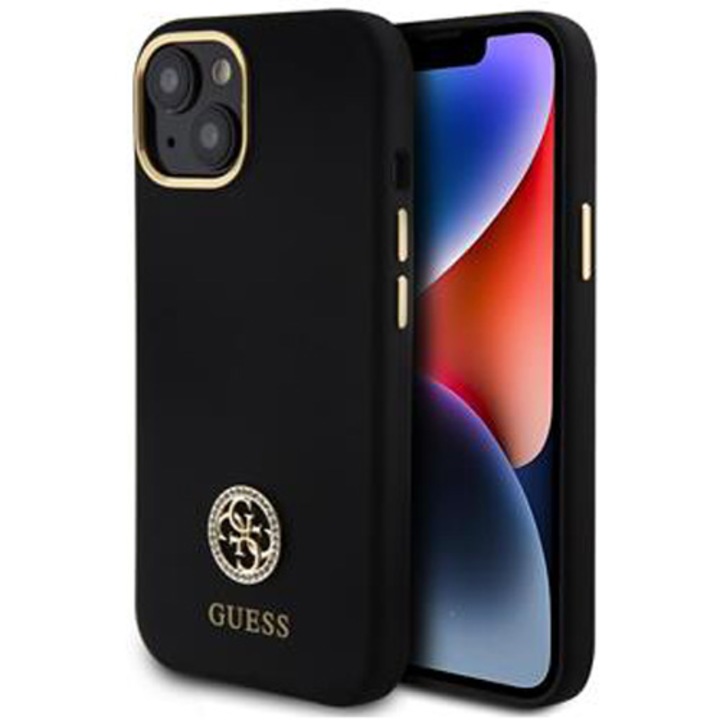Предпазен калъф Cover Guess Liquid Silicone 4G Strass Metal Logo за iPhone 15, Черен