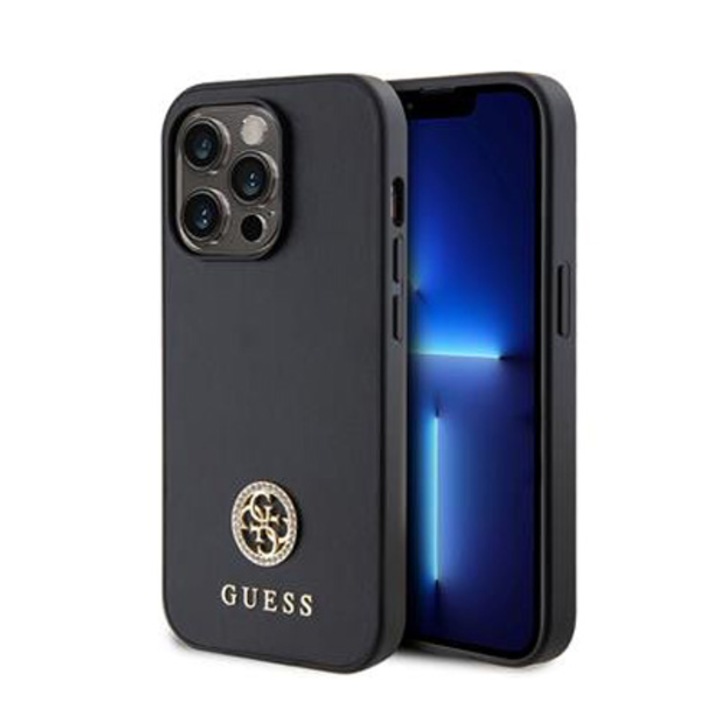 Предпазен калъф Cover Guess PU 4G Strass Metal Logo за iPhone 15 Pro, Black