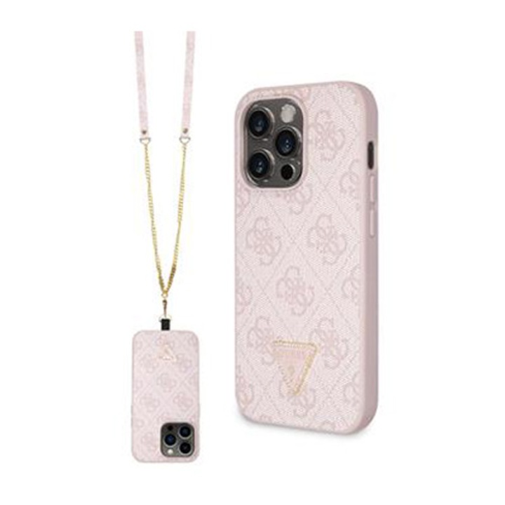 Husa de protectie Cover Guess PU 4G Strass Triangle Metal Logo + Crossbody Strap pentru iPhone 15 Pro Max, Pink