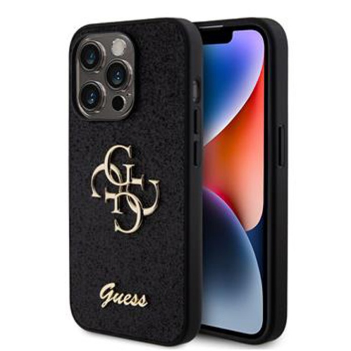 Предпазен калъф Cover Guess PU 4G Fixed Glitter Metal Logo за iPhone 15 Pro, Черен