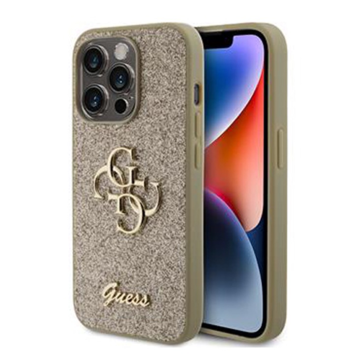 Husa de protectie Cover Guess PU 4G Fixed Glitter Metal Logo pentru iPhone 15 Pro, Gold