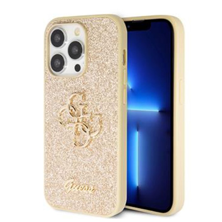 Предпазен калъф Cover Guess PU 4G Fixed Glitter Metal Logo за iPhone 15 Pro Max, Gold