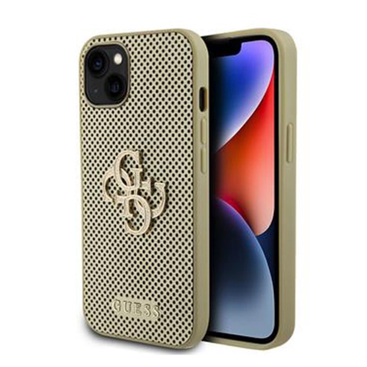Предпазен калъф Cover Guess PU Perforated 4G Glitter Metal Logo за iPhone 15, Gold