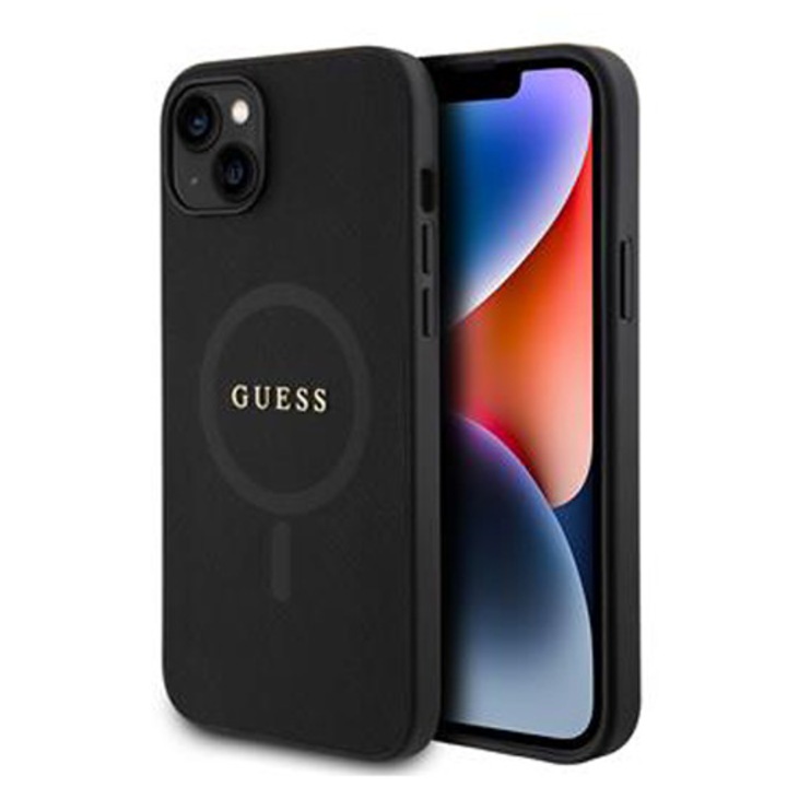 Husa de protectie Cover Guess PU Saffiano MagSafe pentru iPhone 15 Plus, Negru