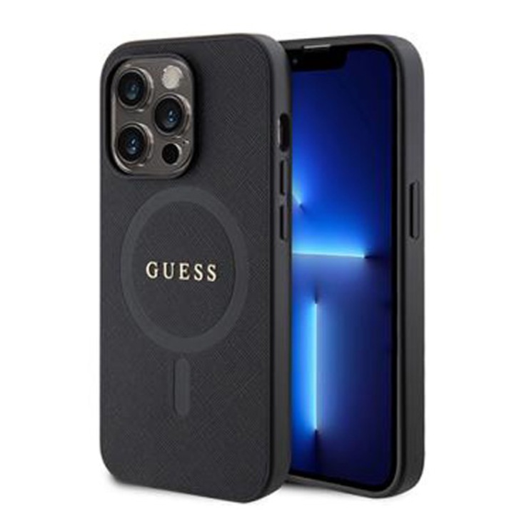 Предпазен калъф Cover Guess PU Saffiano MagSafe за iPhone 15 Pro, Черен